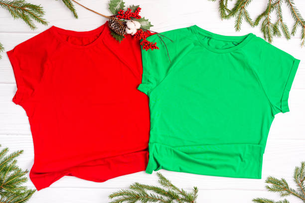 istock Christmas mockup t-shirt on white background flatlay, copyspace 1350830471