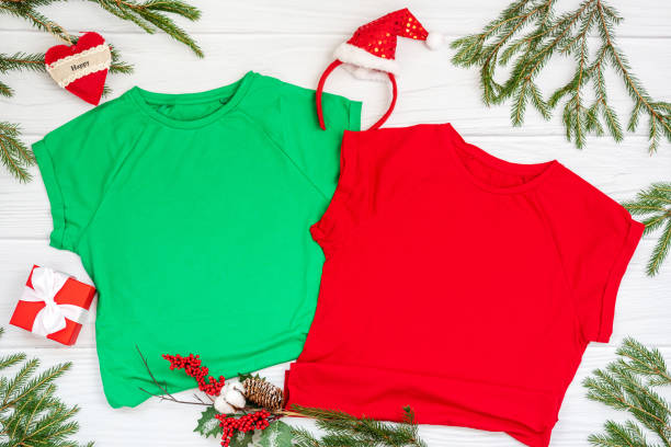 istock Christmas mockup t-shirt on white background flatlay, copyspace 1350830771