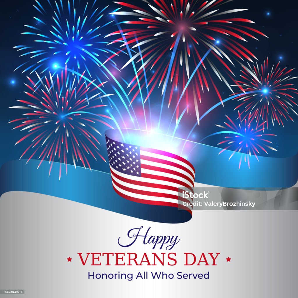 Happy Veterans Day Banner Us National Day November 11 American Flag On