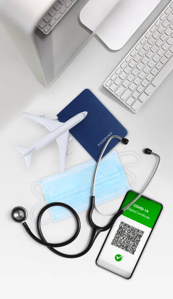 istock Green pass covid-19 vaccination concept. Passport, face mask, stethoscope, airplane and computer isolated on white background. Vaccine certificate on smartphone screen with qr code. 1350831726