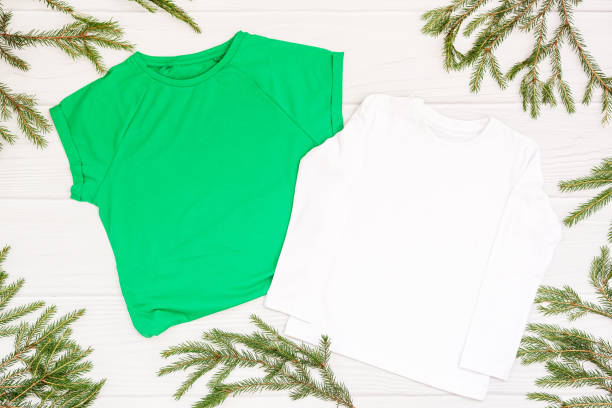 istock Christmas mockup t-shirt on white background flatlay, copyspace 1350831822