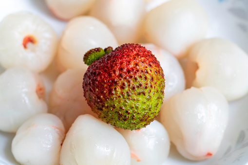 Set of flying lychee fruits isolated on white background.