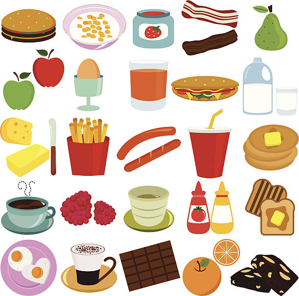 food-vektor-icons: frühstück, obst, getränken, isoliert auf weiss - mustard bottle sauces condiment stock-grafiken, -clipart, -cartoons und -symbole