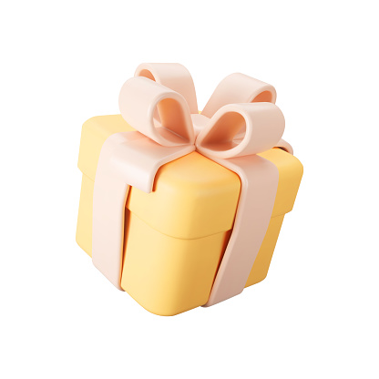 3d orange gift box with pastel ribbon bow isolated on a white background. 3d render flying modern holiday surprise box. Realistic vector icon for present, birthday or wedding banners.
