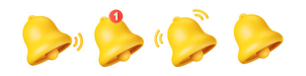3d-benachrichtigungsglockensymbol auf weißem hintergrund isoliert. 3d-render gelbe klingelglocke mit neuer benachrichtigung für social-media-erinnerung. realistisches vektorsymbol - dreidimensional stock-grafiken, -clipart, -cartoons und -symbole
