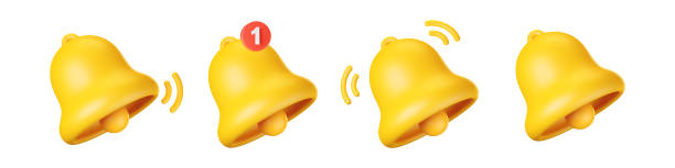 stockillustraties, clipart, cartoons en iconen met 3d notification bell icon set isolated on white background. 3d render yellow ringing bell with new notification for social media reminder. realistic vector icon - notificatiepictogram