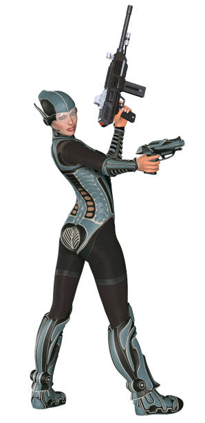 istock futuristic soldier with rifle and gun in a Grey armor, 3d illustration 1350834752