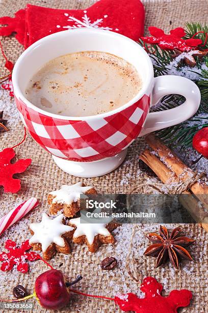 Christmas Cinnamon Stars With Cup Of Cappuccino Stock Photo - Download Image Now - Anise, Art, Art And Craft