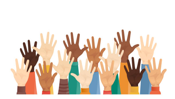 ilustraciones, imágenes clip art, dibujos animados e iconos de stock de grupo de manos diversas multiétnicas - hand raised