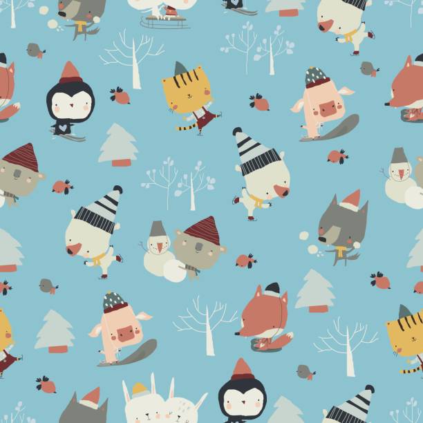 ilustrações de stock, clip art, desenhos animados e ícones de seamless pattern of cute animals playing winter games in the forest - skiing ski sport snow