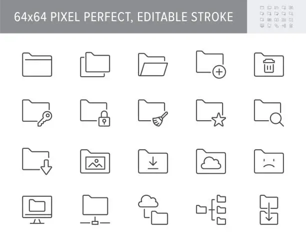 Vector illustration of Folder line icons. Vector illustration include icon - file, copy, erase, download, network, lock, document, browse outline pictogram for computer catalog. 64x64 Pixel Perfect, Editable Stroke