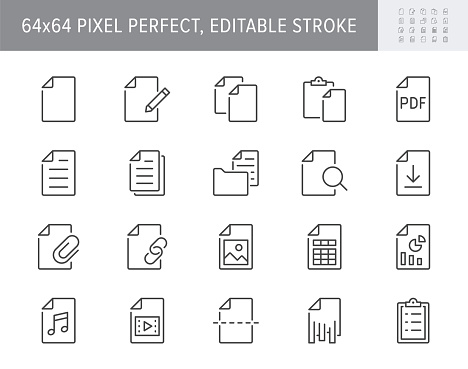 File line icons. Vector illustration include icon - paper, pdf, pen, document, checklist, page, image, sheet, copy, photo outline pictogram for web attachment. 64x64 Pixel Perfect, Editable Stroke.