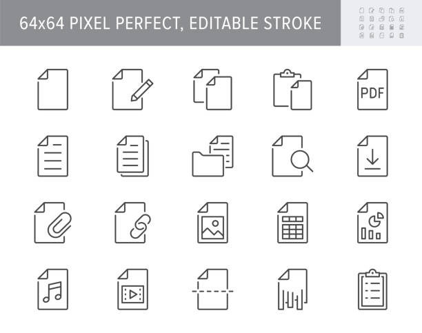 File line icons. Vector illustration include icon - paper, pdf, pen, document, checklist, page, image, sheet, copy, photo outline pictogram for web attachment. 64x64 Pixel Perfect, Editable Stroke File line icons. Vector illustration include icon - paper, pdf, pen, document, checklist, page, image, sheet, copy, photo outline pictogram for web attachment. 64x64 Pixel Perfect, Editable Stroke. downloading data stock illustrations