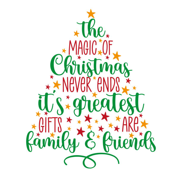 magia świąt bożego narodzenia nigdy się nie kończy, a największymi prezentami są rodzina i diabełki. cytat wakacyjny - luck stock illustrations