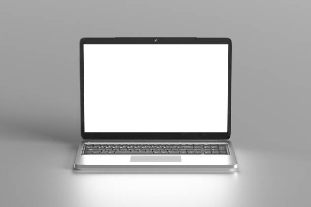istock Laptop computer screen mockup above triple cylinder pedestal with background product presentation stage display by 3d rendering 1350840127