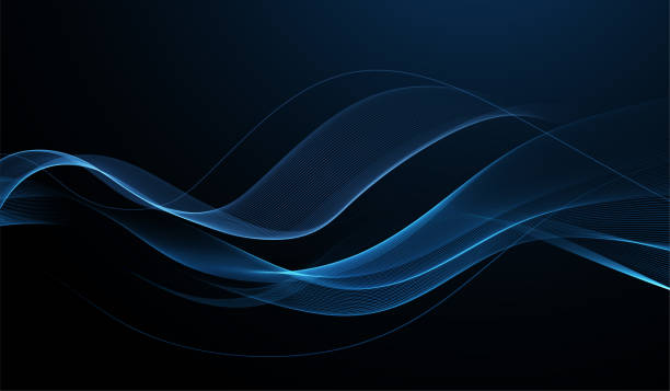 Abstract Waves. Shiny blue moving lines design element on dark background for greeting card and disqount voucher. Abstract blue smoke Waves. Shiny moving lines design element on dark background for gift, greeting card and disqount voucher. Vector Illustration ribbon flow stock illustrations