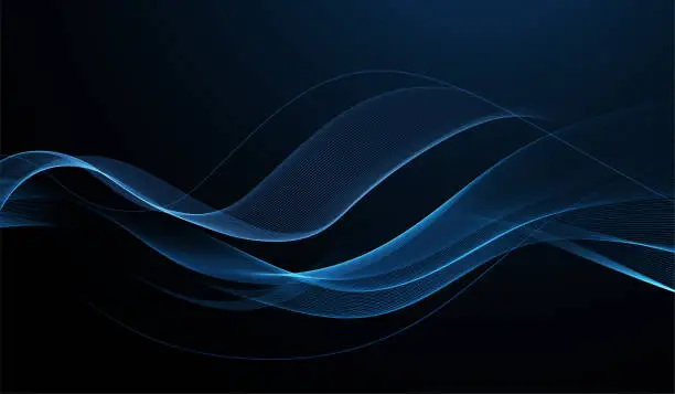 Vector illustration of Abstract Waves. Shiny blue moving lines design element on dark background for greeting card and disqount voucher.