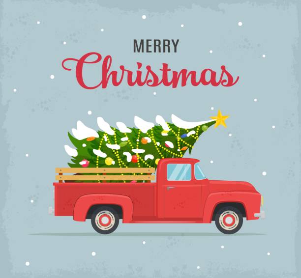 etro red pickup truck with christmas tree Christmas card or poster design with retro red pickup truck with christmas tree on board. Template for new year party or event invitation or flyer. Vector illustration in flat style holiday email templates stock illustrations