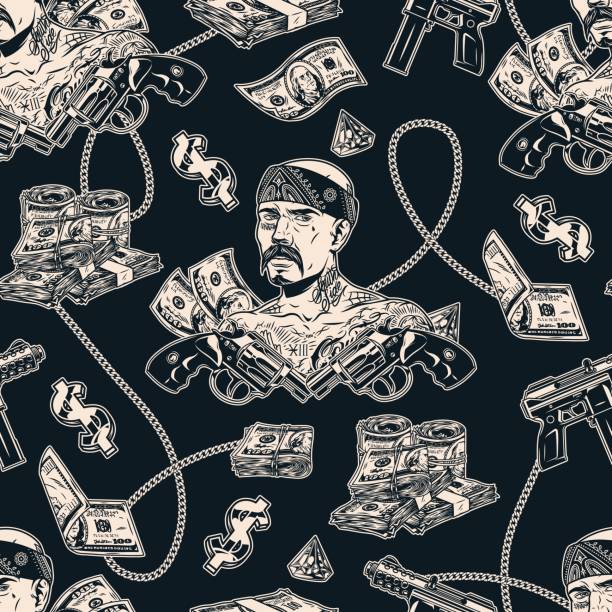 geld monochromes vintage nahtloses muster - guns and money stock-grafiken, -clipart, -cartoons und -symbole