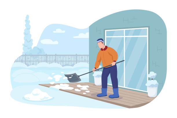 veranda schneeräumung 2d vektor isoliert illustration - winterdienst stock-grafiken, -clipart, -cartoons und -symbole