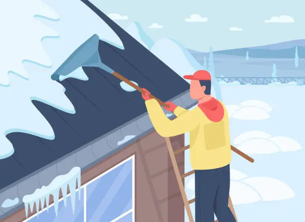 Vector illustration of Rooftop snow removal flat color vector illustration