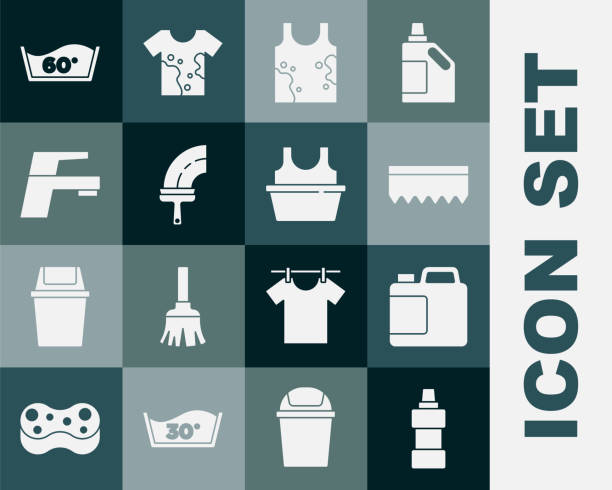 Set Bottle for cleaning agent, Sponge, Dirty t-shirt, Rubber cleaner windows, Water tap, Temperature wash and Basin with icon. Vector Set Bottle for cleaning agent Sponge Dirty t-shirt Rubber cleaner windows Water tap Temperature wash and Basin with icon. Vector. washcloth stock illustrations