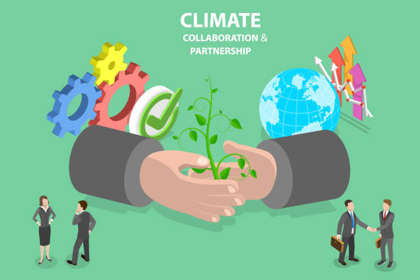 3D Isometric Flat Vector Conceptual Illustration of Climate Collaboration And Partnership 3D Isometric Flat Vector Conceptual Illustration of Climate Collaboration And Partnership, Corporate Sustainability Performance dedication industry stock illustrations