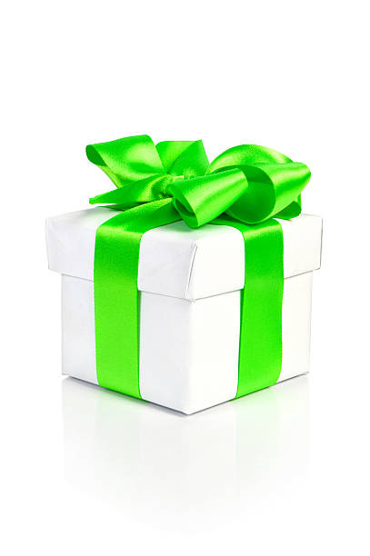 istock white box tied with a green satin ribbon bow 135084925