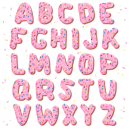 Pink cake alphabet font and colorful sprinkles on white background. Vector illustration.