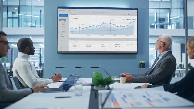 Office Conference Room Meeting: Group of Professional Entrepreneurs, Investors Talk, Use TV Screen with Infographics, Analysing Charts, Graphs, Statistics. Businesspeople Discuss Investment Strategy