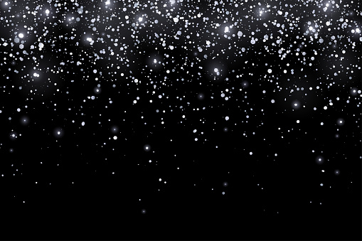 Silver glitter holiday confetti with glow lights on black background. Vector