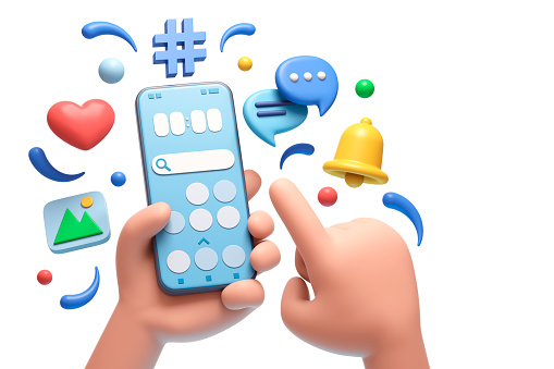 Cartoon character holds smart phone. Online communication concept on white background. 3d illustration.