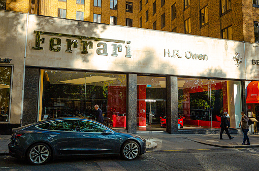 London, UK - 27 October, 2021: color image depicting the Ferrari car dealership in the Mayfair area of London, UK.