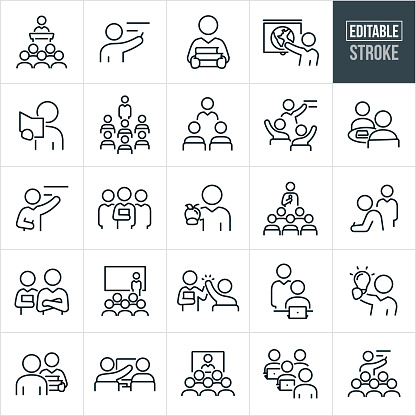 A set of teachers and professors icons that include editable strokes or outlines using the EPS vector file. The icons include teachers, professors and instructors in different teaching situations and include a professor speaking to a group of students, teacher at blackboard writing, educator holding a stack of textbooks, professor pointing to a world map while teaching, teacher reading from a book, instructor giving a seminar, teacher at blackboard with students seated with arms raised, team of professors, teacher holding an apple, instructor teaching a group of people while holding a microphone, teacher watching student take an exam, professor giving presentation in lecture hall, teacher giving student a high-five, teacher holding a lit lightbulb, teacher teaching students in computer lab and other related icons.