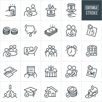 A set of taxes icons that include editable strokes or outlines using the EPS vector file. The icons include a hand giving a tax refund in cash, tax accountant working with client on taxes, government taxes being collected, taxes being paid out, two stacks of coins representing taxes, piggy bank being shaken empty because of taxes, stack of cash, couple holding dollar sign as a tax refund, sticky note with the date of the 15th, tax accountant working with a couple on their taxes, person at computer with fist in the air after receiving a tax refund, alarm clock, business taxes, calculator with financial data sheet underneath it, person doing taxes on tablet pc, tax center, tax deductions for independent children, sticky note with the word 