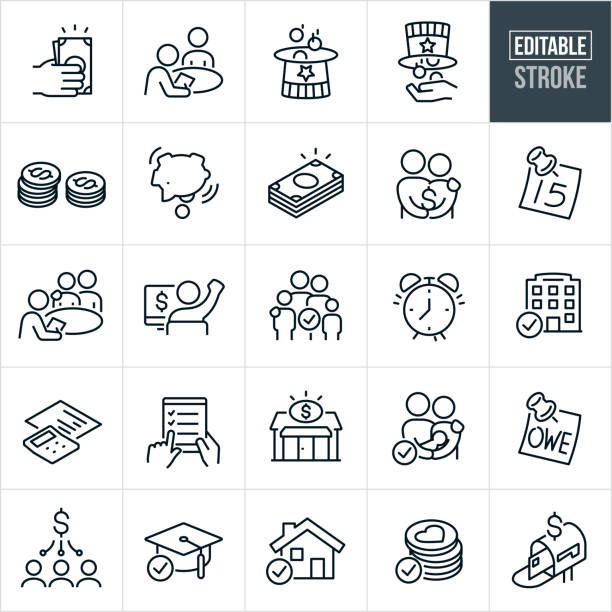 Taxes Thin Line Icons - Editable Stroke A set of taxes icons that include editable strokes or outlines using the EPS vector file. The icons include a hand giving a tax refund in cash, tax accountant working with client on taxes, government taxes being collected, taxes being paid out, two stacks of coins representing taxes, piggy bank being shaken empty because of taxes, stack of cash, couple holding dollar sign as a tax refund, sticky note with the date of the 15th, tax accountant working with a couple on their taxes, person at computer with fist in the air after receiving a tax refund, alarm clock, business taxes, calculator with financial data sheet underneath it, person doing taxes on tablet pc, tax center, tax deductions for independent children, sticky note with the word "owe" on it, tax refund being paid out to multiple people, education tax deduction, mortgage tax deduction, charitable donation tax deduction and a tax refund being received in the mailbox. tax stock illustrations