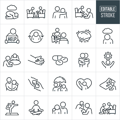 A set of psychiatry and mental health icons that include editable strokes or outlines using the EPS vector file. The icons include a depressed person in the fetal position on ground with a cloud overhead, person with mental illness getting psychiatric counseling from a psychiatrist, person with arm around shoulder of depressed person, psychologist using psychotherapy with patient, depressed person holding a help sign, person with mental health illness going through the cycle of mental illness, psychiatrist counseling with patient as they sit together, human brain, depressed person with cloud overhead, mental health professional interviewing person with mental illness, hand holding anti-depressant medication, anti-depressant medication, person hugging a person with mental illness, person with mental illness with sun overhead representing hope, psychiatrist with arm around shoulder of person struggling with mental illness, hand reaching out to assist hand of person with metal illness, person holding umbrella overhead of mentally ill person, person using yoga to combat mental illness, psychologist holding heart, person meditating to reduce metal health concerns and other related concepts.