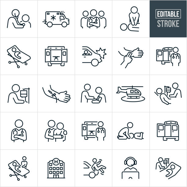 EMT and Paramedic Thin Line Icons - Editable Stroke A set of EMT and paramedic icons that include editable strokes or outlines using the EPS vector file. The icons include an EMT checking the heart of a person using a stethoscope, ambulance rushing to scene of accident, team of paramedics looking at camera with arms folded, EMT giving chest compressions and CPR to an injured person, injured person on stretcher, ambulance with back doors open, person involved in car wreck, hand checking pulse of a persons arm, paramedic standing outside emergency vehicle, EMT checking IV of patient, arm with IV needle inserted, emergency medical technician checking blood pressure of ill person, life flight helicopter, EMT with arms folded and a stethoscope around his neck, paramedic assisting an injured person, paramedic standing outside the back of an ambulance, EMT stabilizing the head of an injured person, hospital, person being hit by car, emergency dispatch and other related icons. paramedic stock illustrations