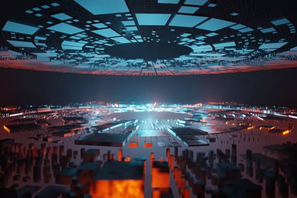 istock Abstract Futuristic background landscape Planet alien spaceships 3d rendering 1350854699