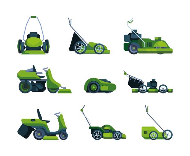 illustrazioni stock, clip art, cartoni animati e icone di tendenza di falciatura del prato. macchine da giardinaggio trattori per il taglio di erba verde primaverile e foglie sgargianti vettoriali cartoni animati colorati tecniche - rotary mower illustrations