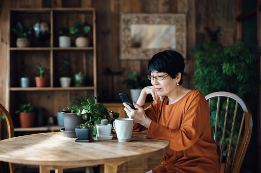 Mujer asiática mayor sonriente sentada a la mesa, navegando en la red y comprando en línea en un teléfono inteligente en casa. Ancianos y tecnología photo