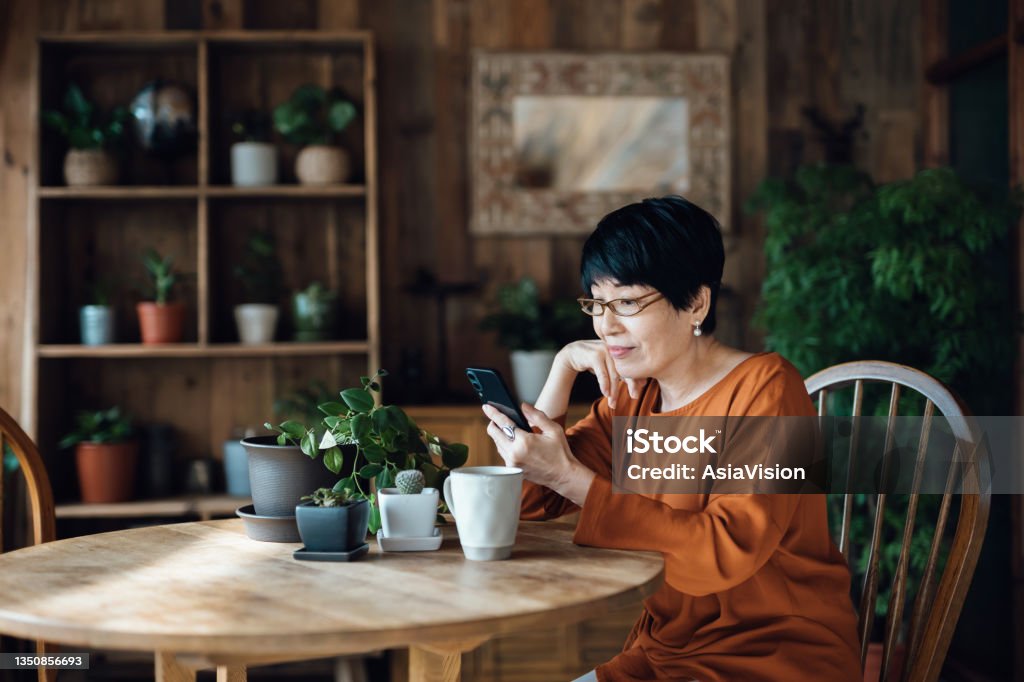 Smiling senior Asian woman sitting at the table, surfing on the net and shopping online on smartphone at home. Elderly and technology Using Phone Stock Photo