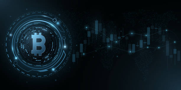 istock Bitcoin cryptocurrency with HUD and candlestick pattern. Digital coin BTC for business banner. Futuristic technology concept. Blockchain for graphic design. Vector 1350857387