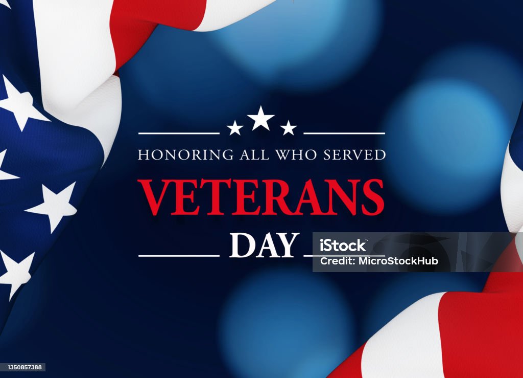 Veterans Day Concept - Veterans Day Message Sitting Over Dark Blue Background Next To Rippled American Flag Veterans Day message written over dark blue background next to rippled American flag. Horizontal composition with copy space. Front view. Veterans Day concept. US Veteran's Day Stock Photo