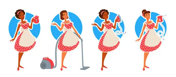 Vector illustration of Retro housewife wears a dress and an apron. A woman housemaid, maid with home appliance, electrical equipment. Chambermaid.