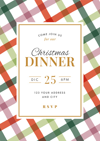 Christmas Dinner Invitation with Tartan Background. Stock illustration
