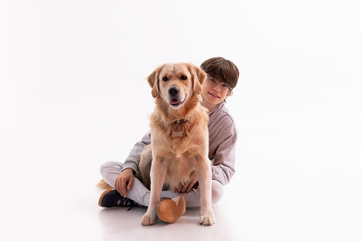 Young boy posing together with a dog golden retriever.