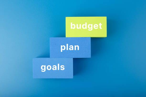 istock Business plan concept. Text budget, plan, goals written on colored rectangles on dark blue background 1350862563