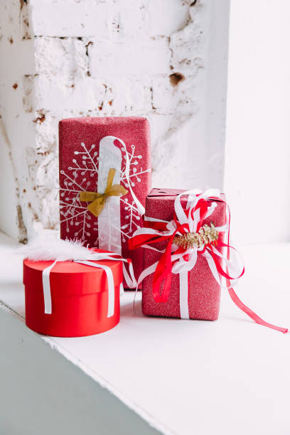 istock Christmas and New Year's Day , 3 red gift box white background 1350864048