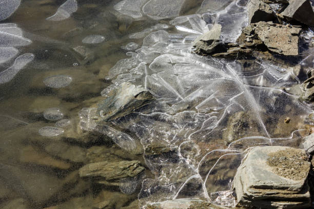 textura y detalle de fragmentos rotos de hielo atrapados entre las piedras - glacier himalayas frozen lake fotografías e imágenes de stock